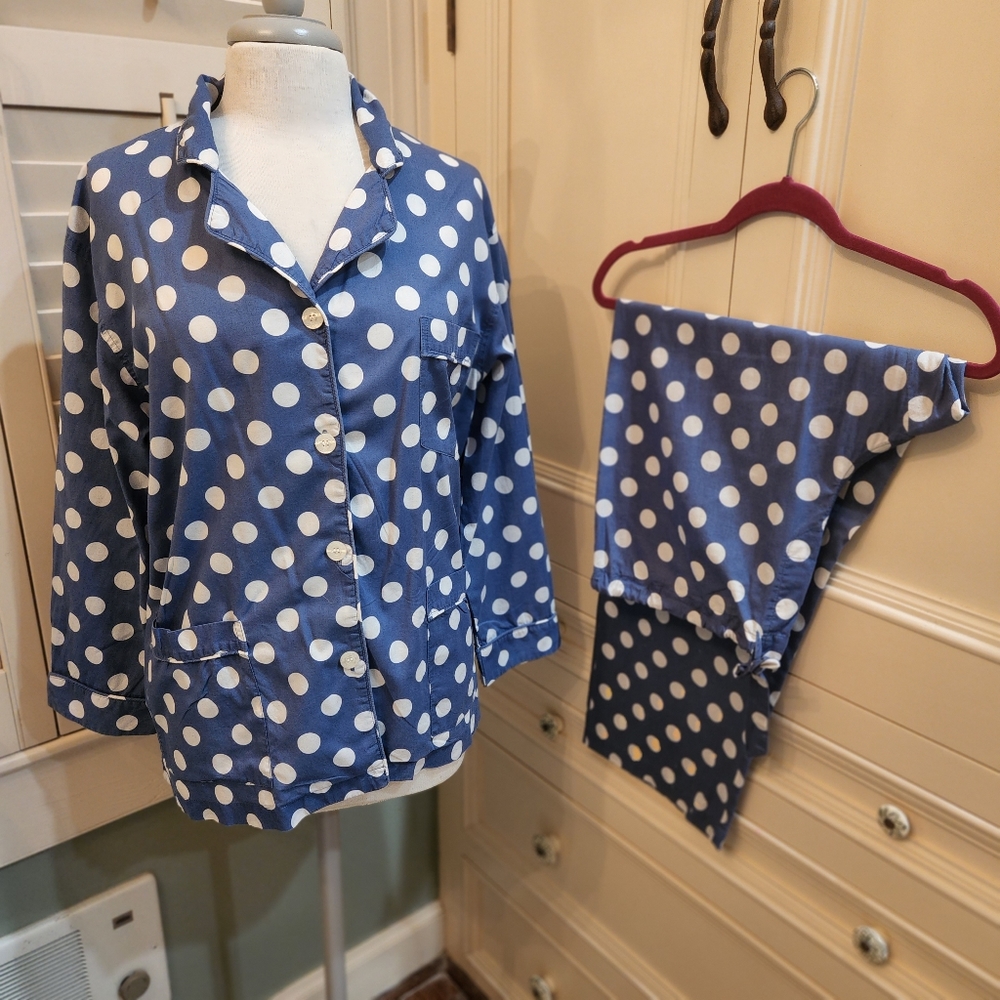 Victoria's Secret Blue w/White PolkaDots Sz L 2 Piece Pajama Set